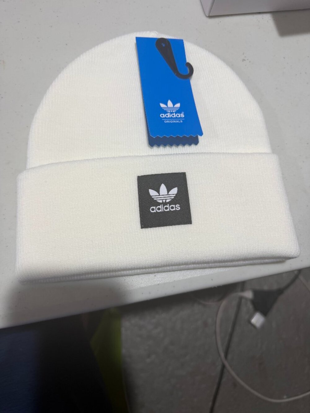 Adidas Originals Cream Beige Cuffed Knit Beanie Hat Trefoil Logo Unisex NWT